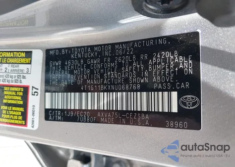 2022 Toyota Camry Se Nightshade Special Awd из США, поврежденный, VIN 4T1G11BKXNU068768